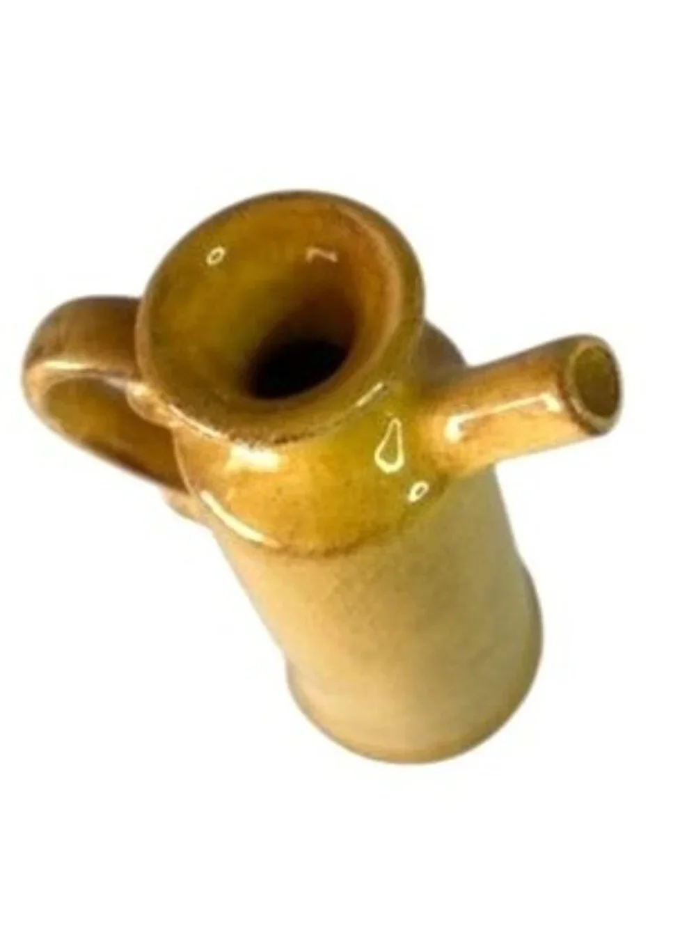 Pier 1 Imports rustic olive oil cruet, yellow with antiquing, ceramic earthenwar